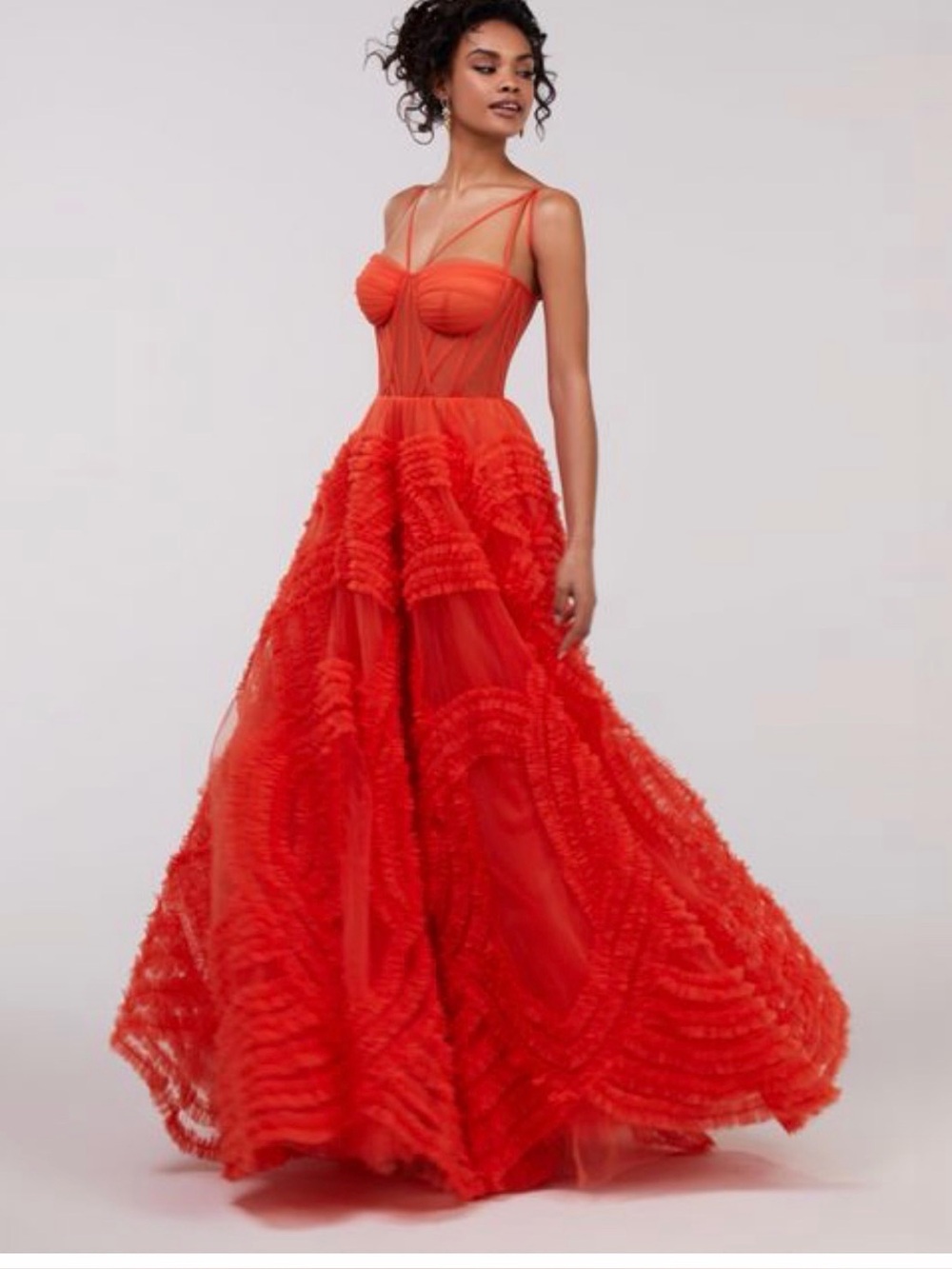 MillaNova Vibrant Red/Orange Ruffled Tulle Maxi Gown
